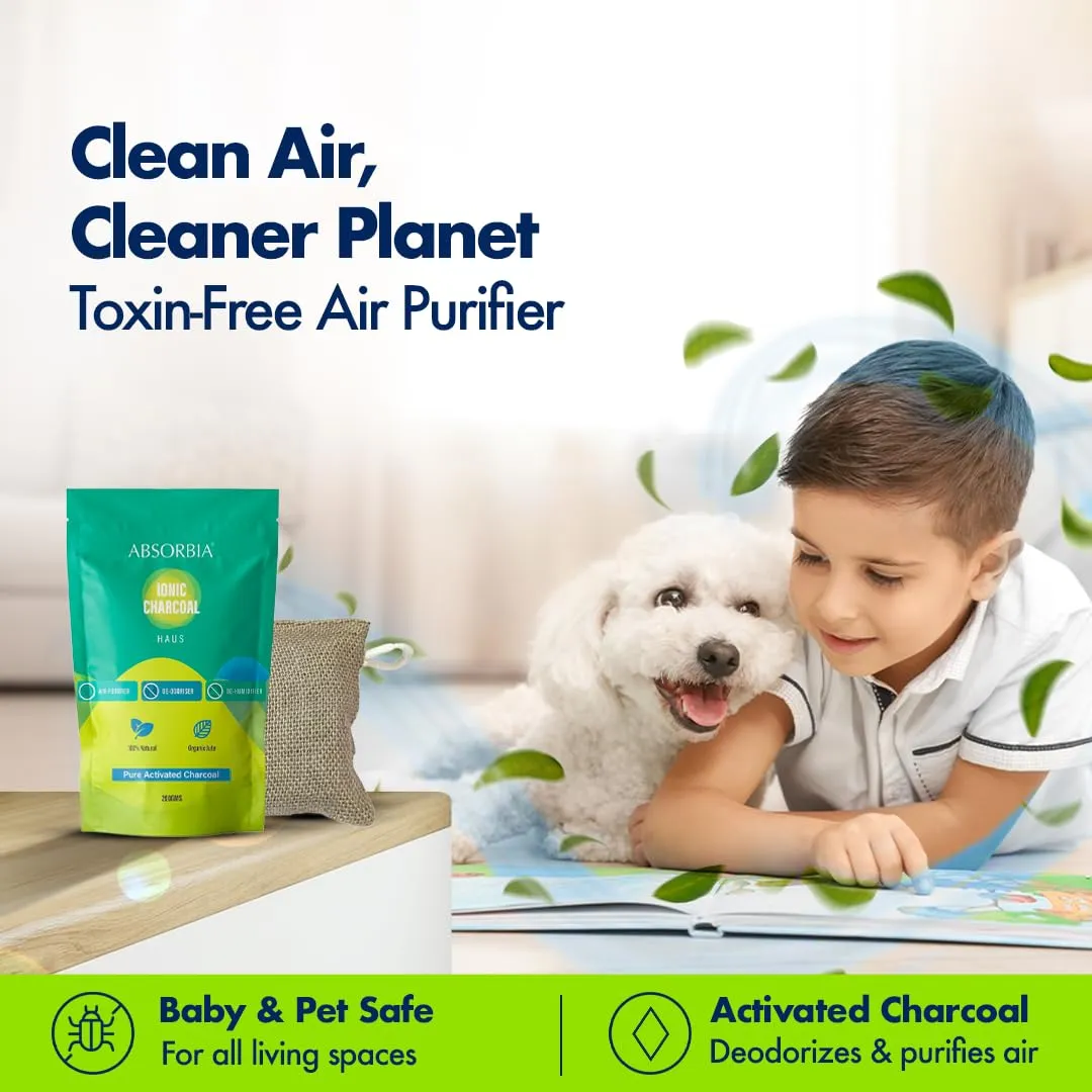 Absorbia Moisture Absorber | Absorbia Sachet - Pack of 3 (200ml Each) & ABSORBIA IONIC HAUS Pure Activated Charcoal Air Purifyer, made with Organic Jute Bag 200 Gms