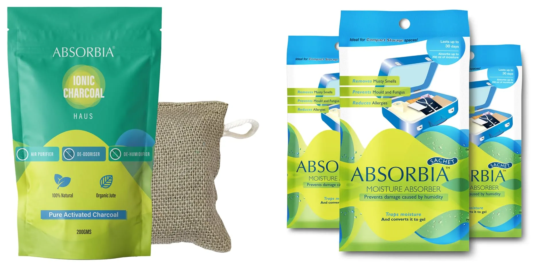 Absorbia Moisture Absorber | Absorbia Sachet - Pack of 3 (200ml Each) & ABSORBIA IONIC HAUS Pure Activated Charcoal Air Purifyer, made with Organic Jute Bag 200 Gms