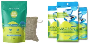 Absorbia Moisture Absorber | Absorbia Sachet - Pack of 3 (200ml Each) & ABSORBIA IONIC HAUS Pure Activated Charcoal Air Purifyer, made with Organic Jute Bag 200 Gms