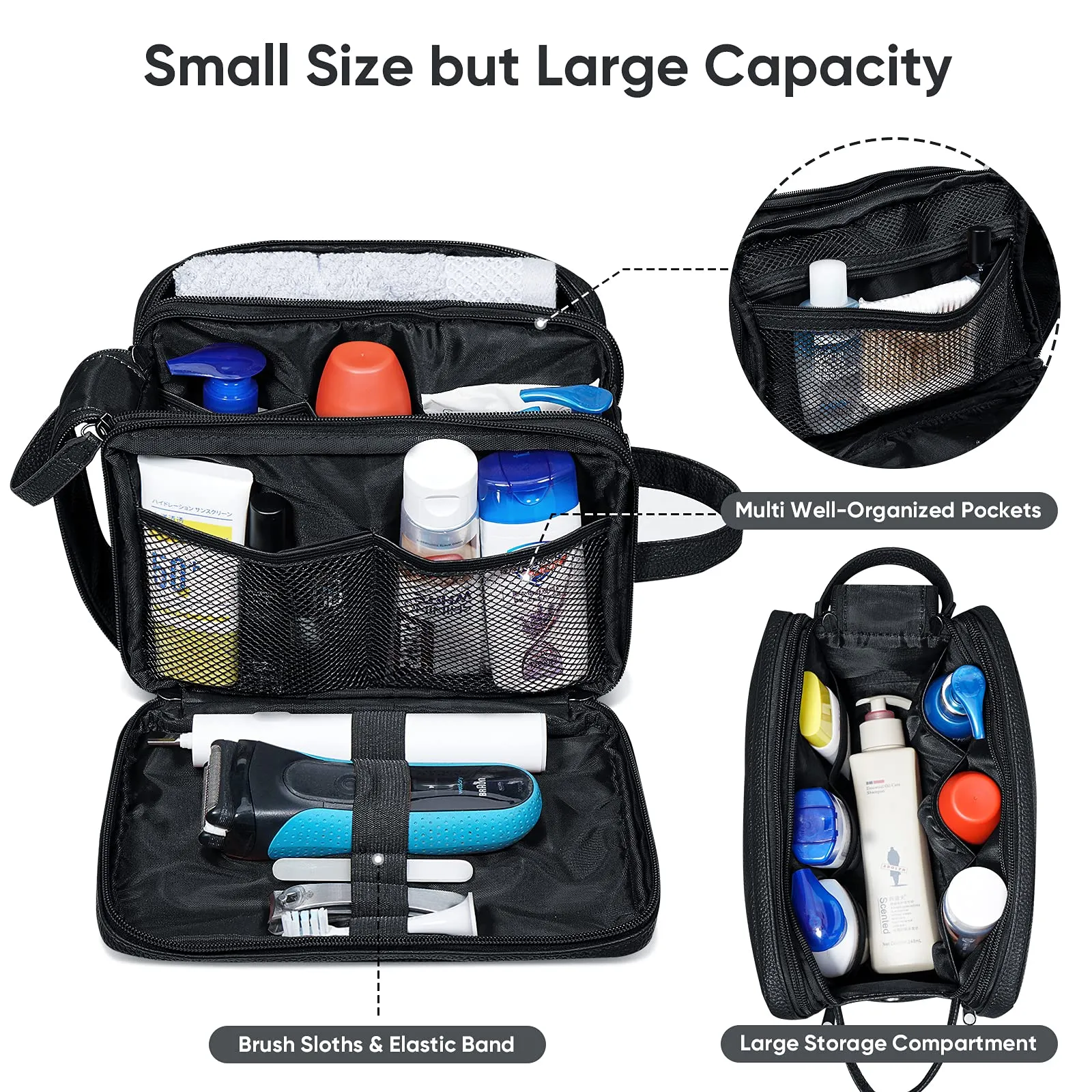 BALEINE Toiletry Bag for Men, Large Travel Toiletries Bags with Water-Resistance Compartment, PU Leather Dopp Kit (Medium, Black)