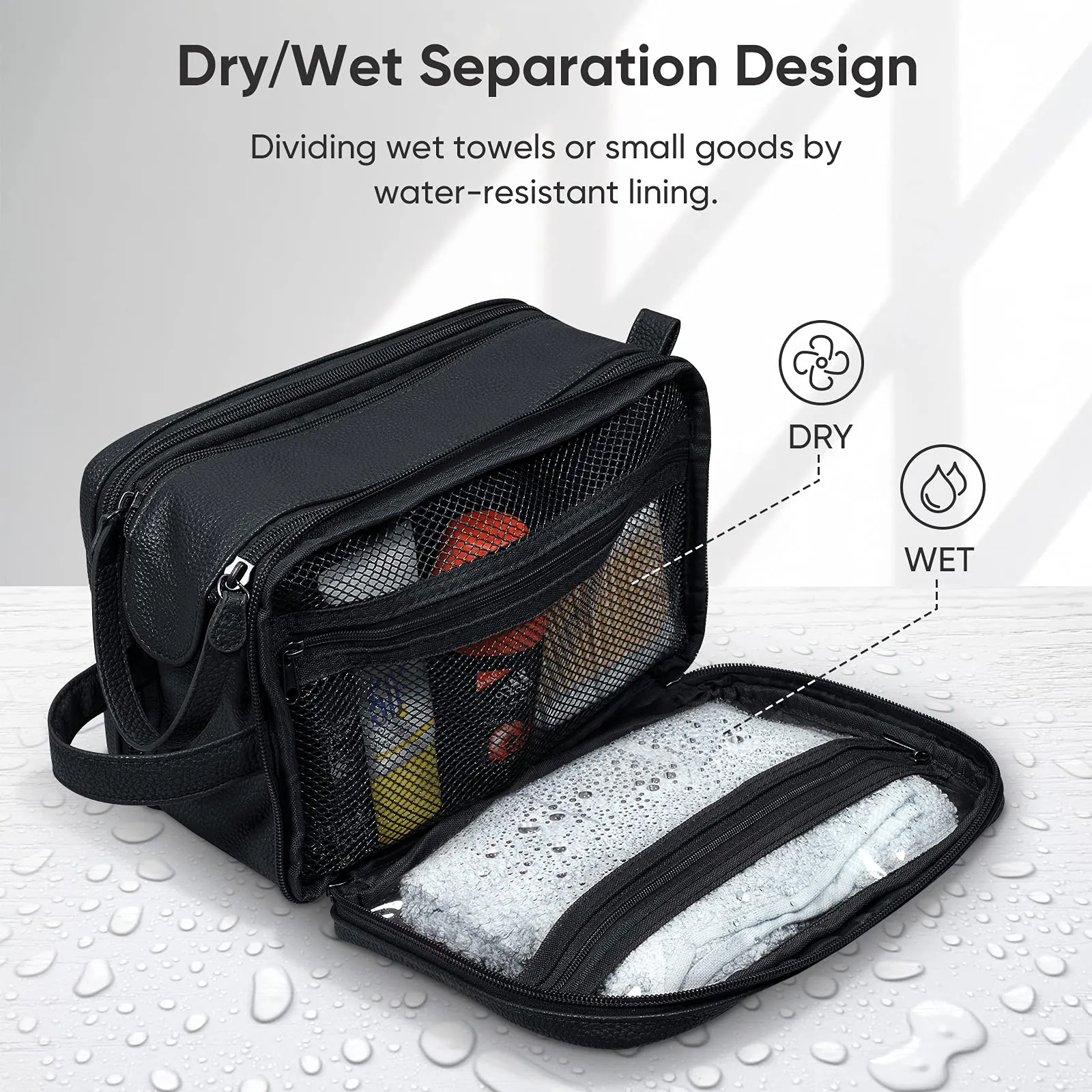 BALEINE Toiletry Bag for Men, Large Travel Toiletries Bags with Water-Resistance Compartment, PU Leather Dopp Kit (Medium, Black)