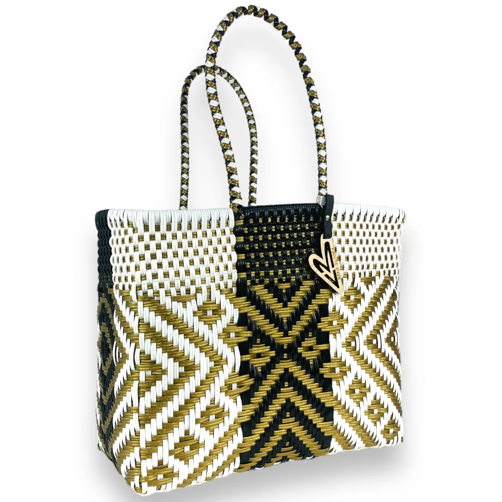 Maria Victoria | Gatsby Tote | Upcycled, Handwoven, White/Black/Gold Tote