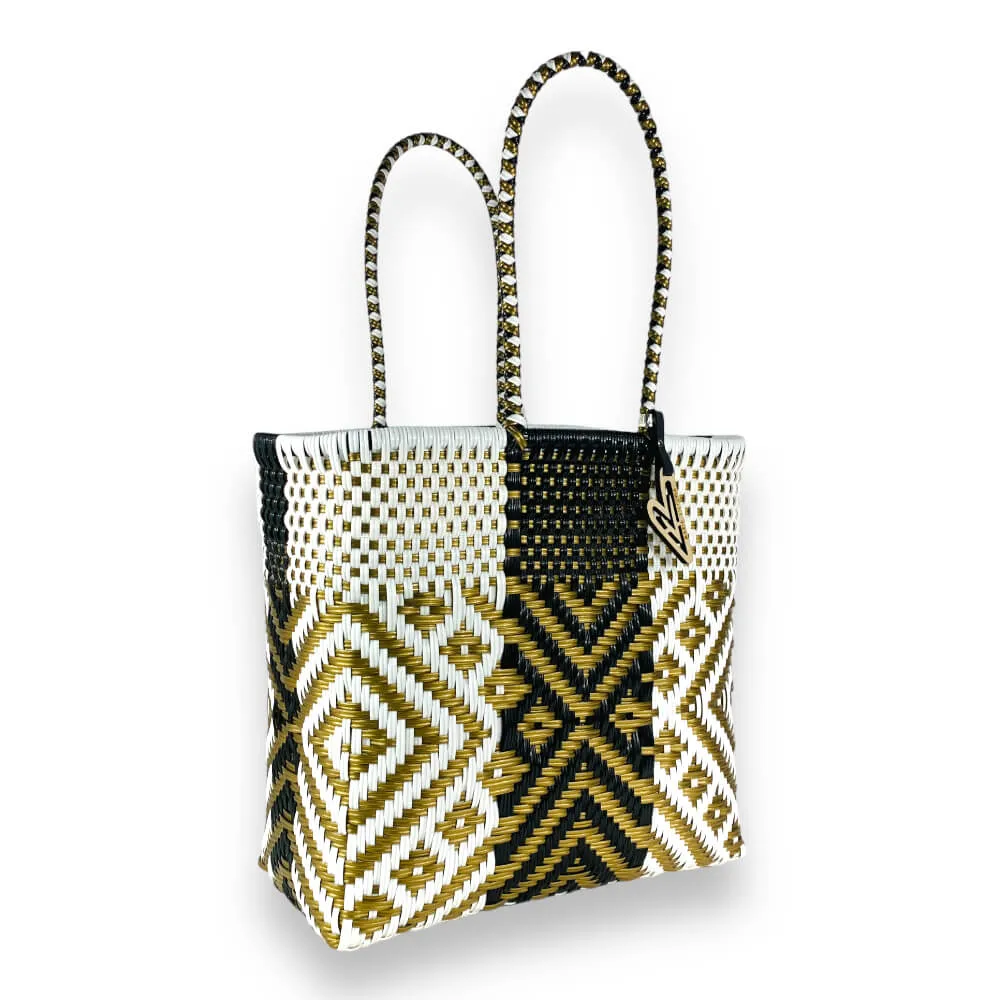 Maria Victoria | Gatsby Tote | Upcycled, Handwoven, White/Black/Gold Tote