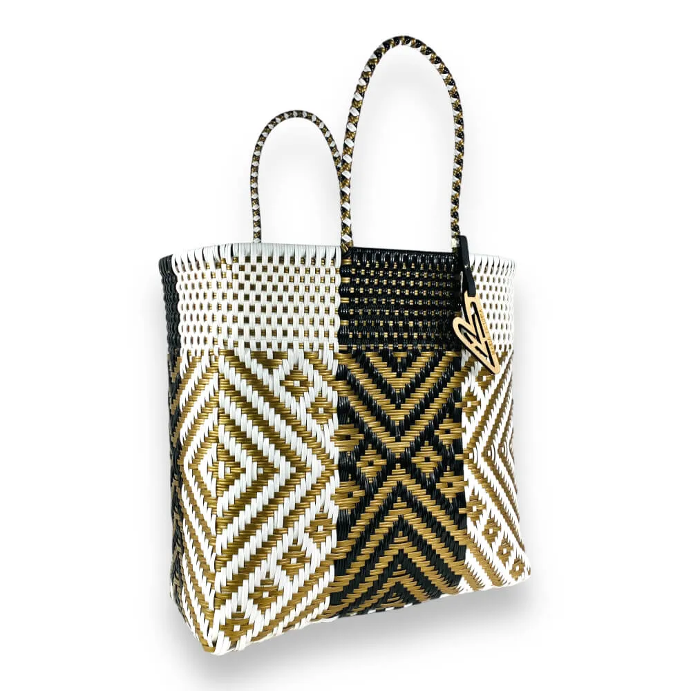 Maria Victoria | Gatsby Tote | Upcycled, Handwoven, White/Black/Gold Tote
