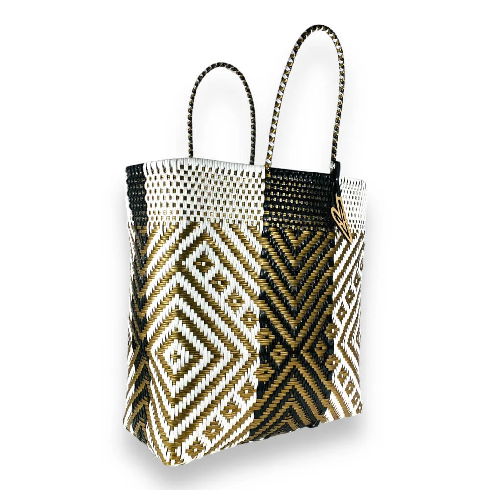 Maria Victoria | Gatsby Tote | Upcycled, Handwoven, White/Black/Gold Tote