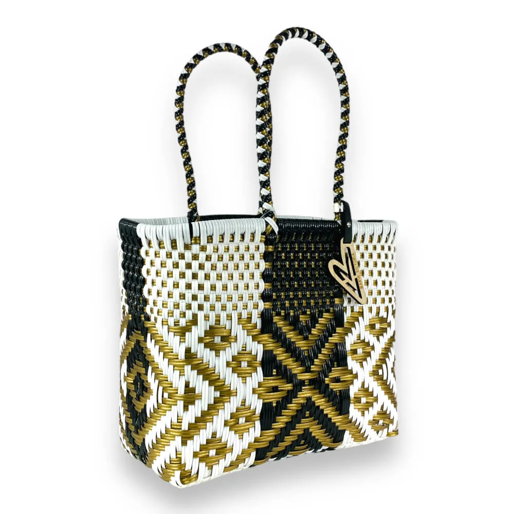 Maria Victoria | Gatsby Tote | Upcycled, Handwoven, White/Black/Gold Tote