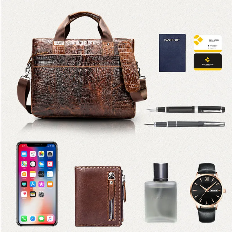 MVA   Men's Genuine Leather Crocodile Pattern Messenger Style Laptop Bag
