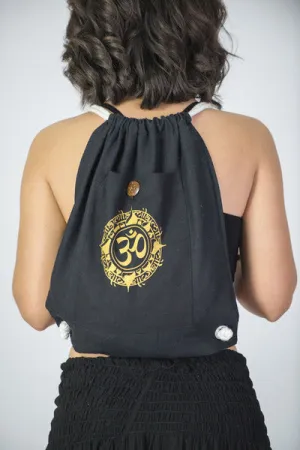 Ohm Drawstring Cotton Canvas Backpack in Gold on Black