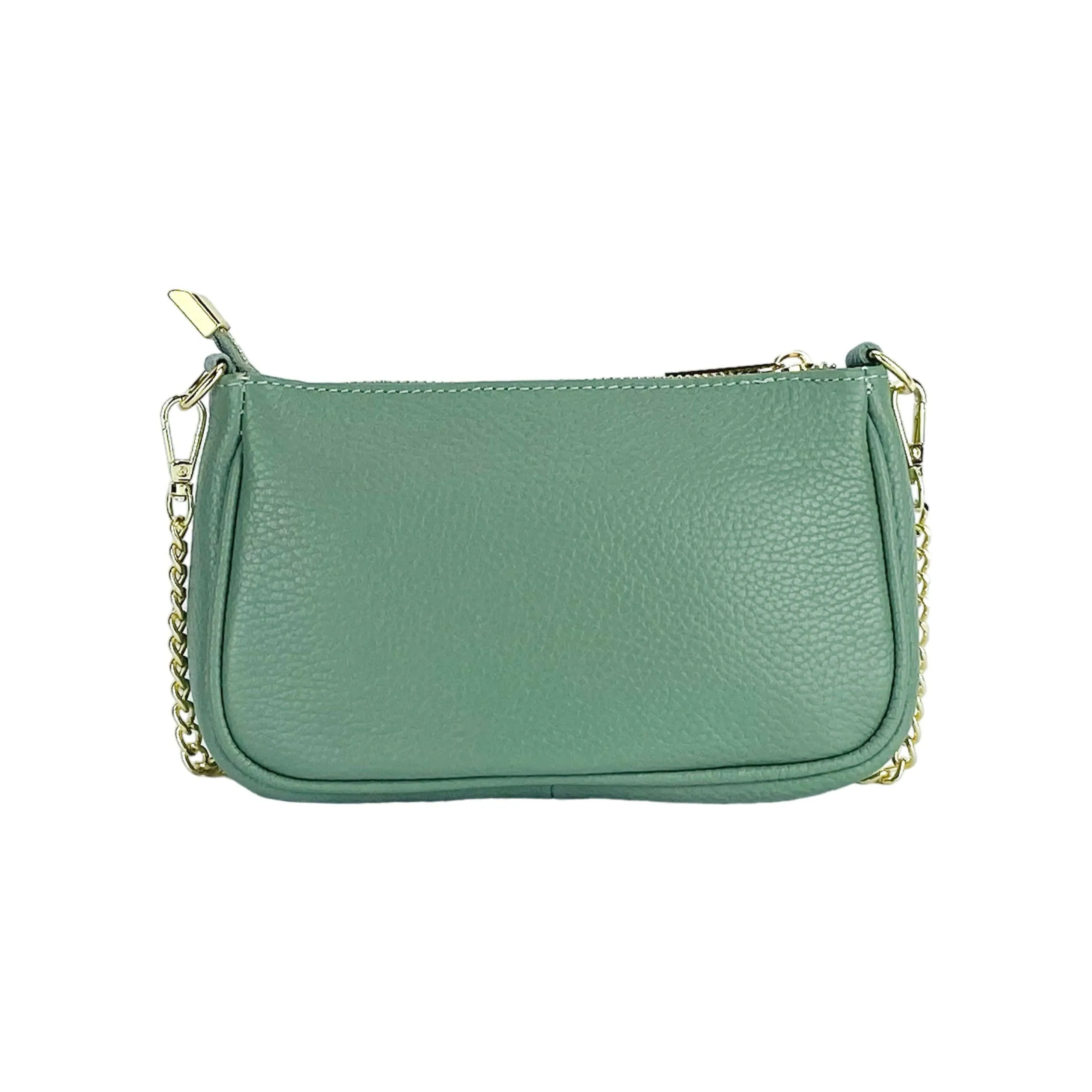 RB1022BF | Small bag in genuine leather Made in Italy with removable chain shoulder strap. Zipper closure and shiny gold metal accessories - Mint color - Dimensions: 20 x 12 x 6 cm