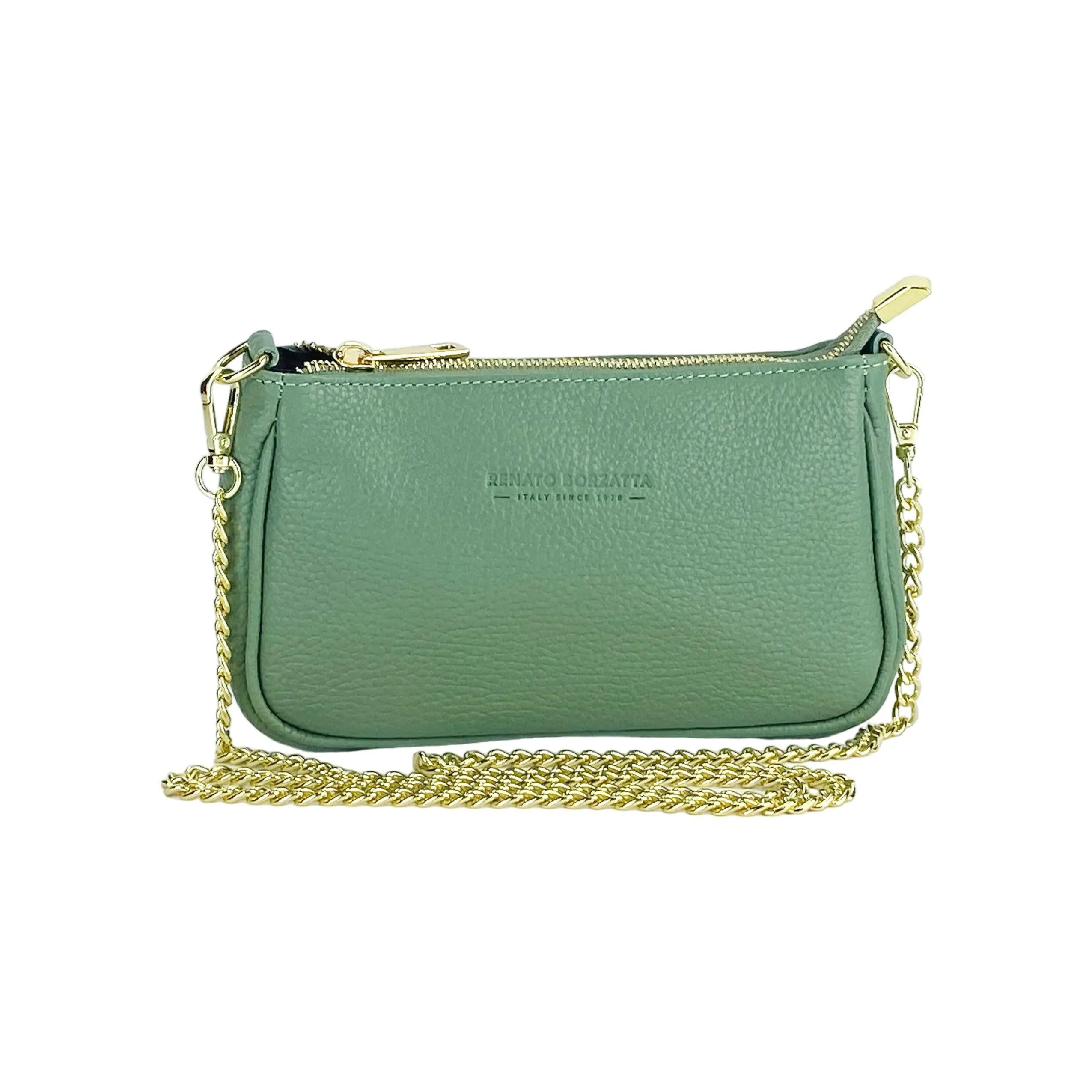 RB1022BF | Small bag in genuine leather Made in Italy with removable chain shoulder strap. Zipper closure and shiny gold metal accessories - Mint color - Dimensions: 20 x 12 x 6 cm