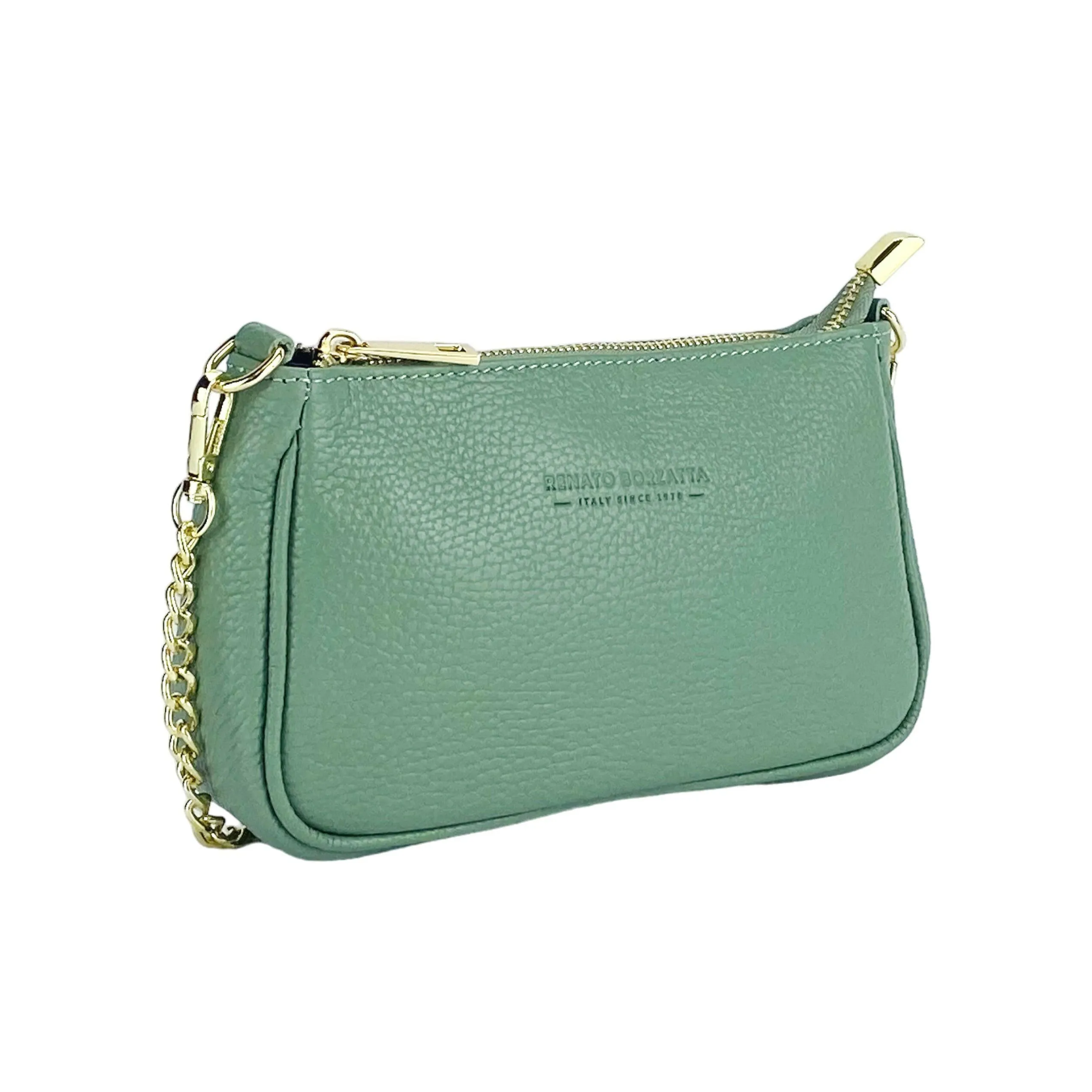 RB1022BF | Small bag in genuine leather Made in Italy with removable chain shoulder strap. Zipper closure and shiny gold metal accessories - Mint color - Dimensions: 20 x 12 x 6 cm