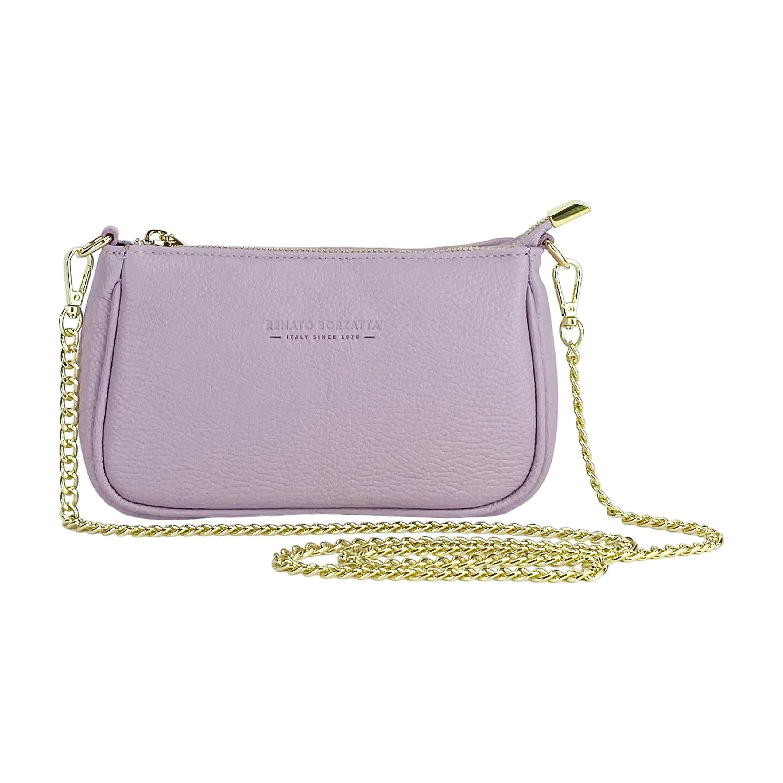 RB1022CI | Small bag in genuine leather Made in Italy with removable chain shoulder strap. Zipper closure and shiny gold metal accessories - Lilac color - Dimensions: 20 x 12 x 6 cm