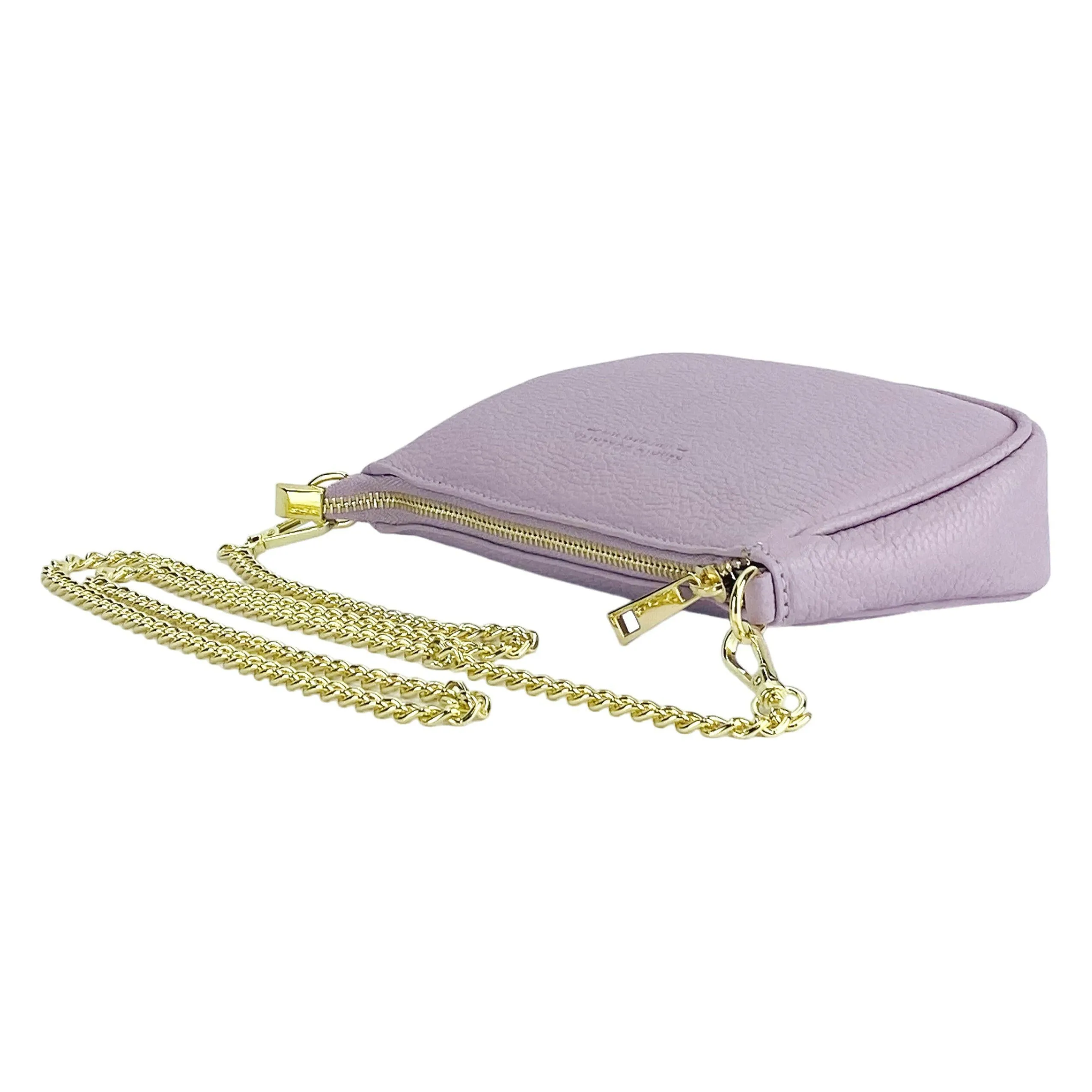 RB1022CI | Small bag in genuine leather Made in Italy with removable chain shoulder strap. Zipper closure and shiny gold metal accessories - Lilac color - Dimensions: 20 x 12 x 6 cm