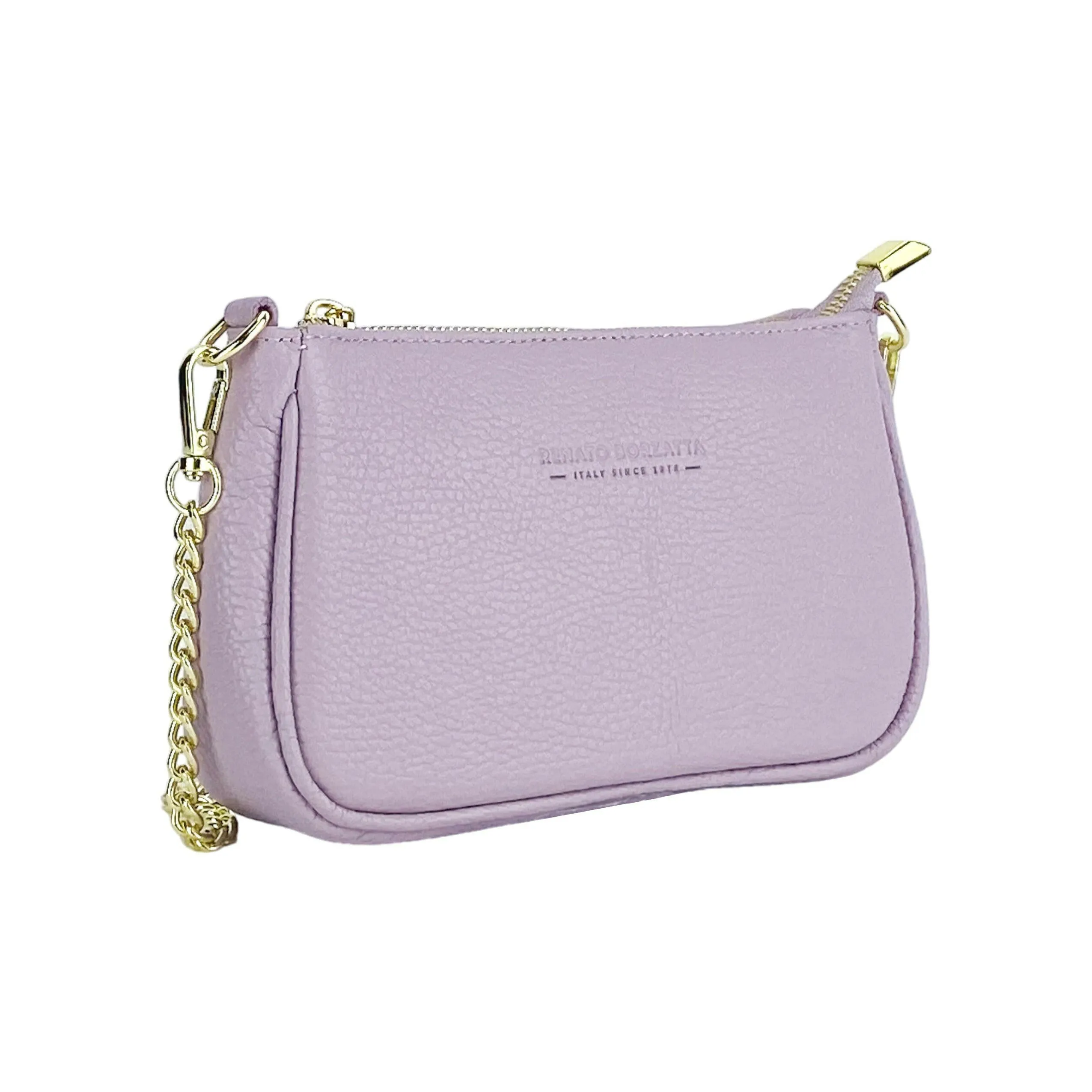 RB1022CI | Small bag in genuine leather Made in Italy with removable chain shoulder strap. Zipper closure and shiny gold metal accessories - Lilac color - Dimensions: 20 x 12 x 6 cm