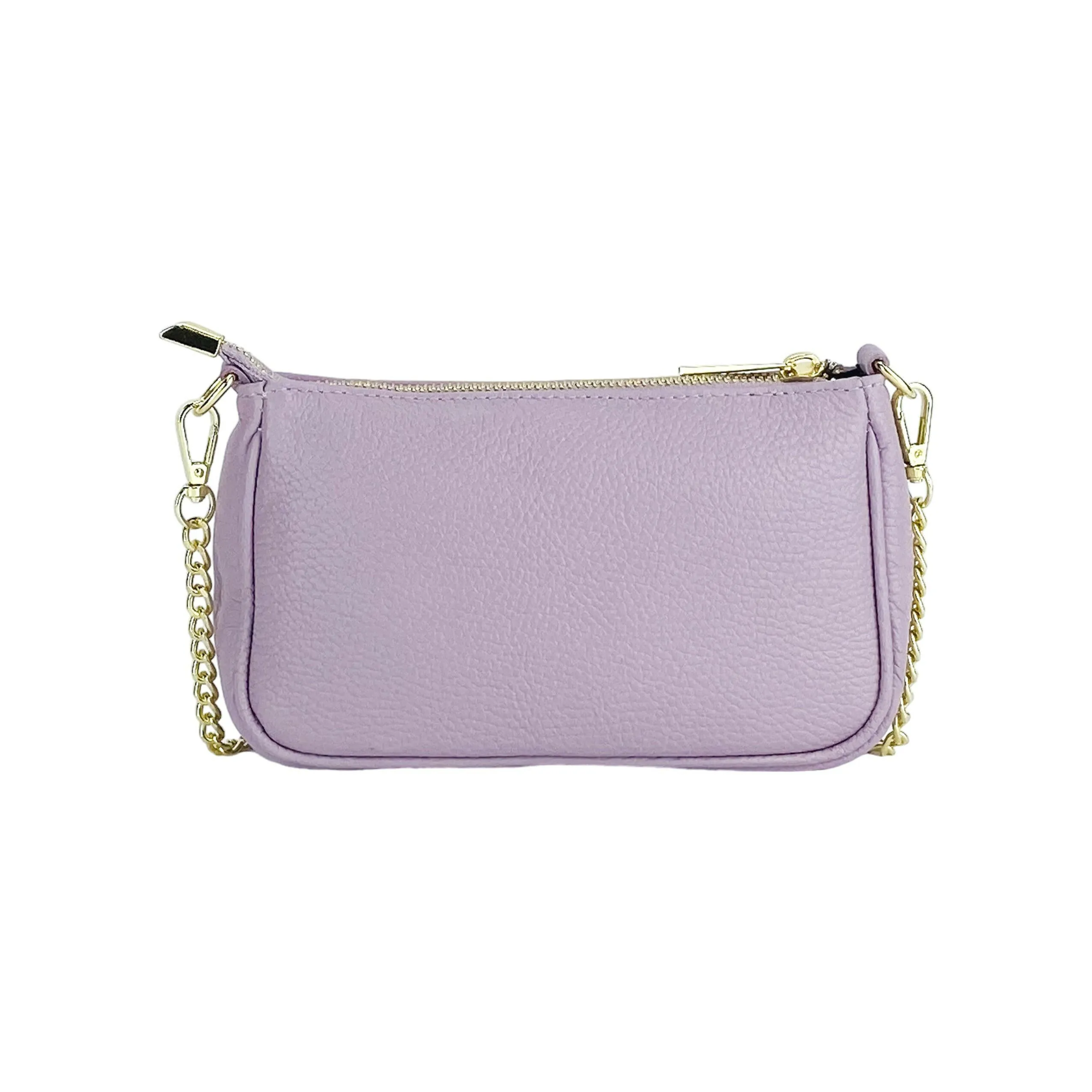 RB1022CI | Small bag in genuine leather Made in Italy with removable chain shoulder strap. Zipper closure and shiny gold metal accessories - Lilac color - Dimensions: 20 x 12 x 6 cm