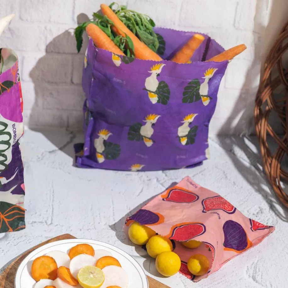 Reusable beeswax food bags - Figs and Parrot set of 3