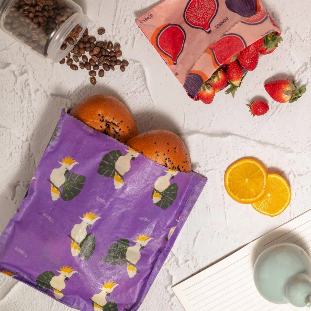 Reusable beeswax food bags - Figs and Parrot set of 3