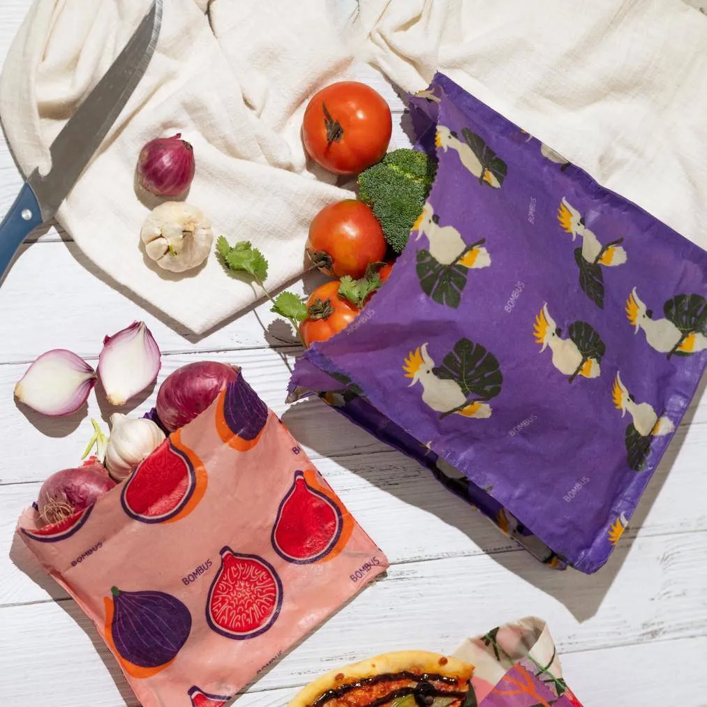Reusable beeswax food bags - Figs and Parrot set of 3