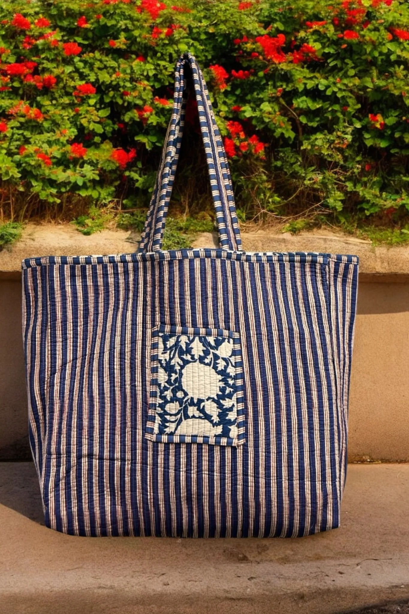 Reversible Cotton Quilted Tote - Indigo Dahlias