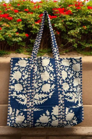 Reversible Cotton Quilted Tote - Indigo Dahlias
