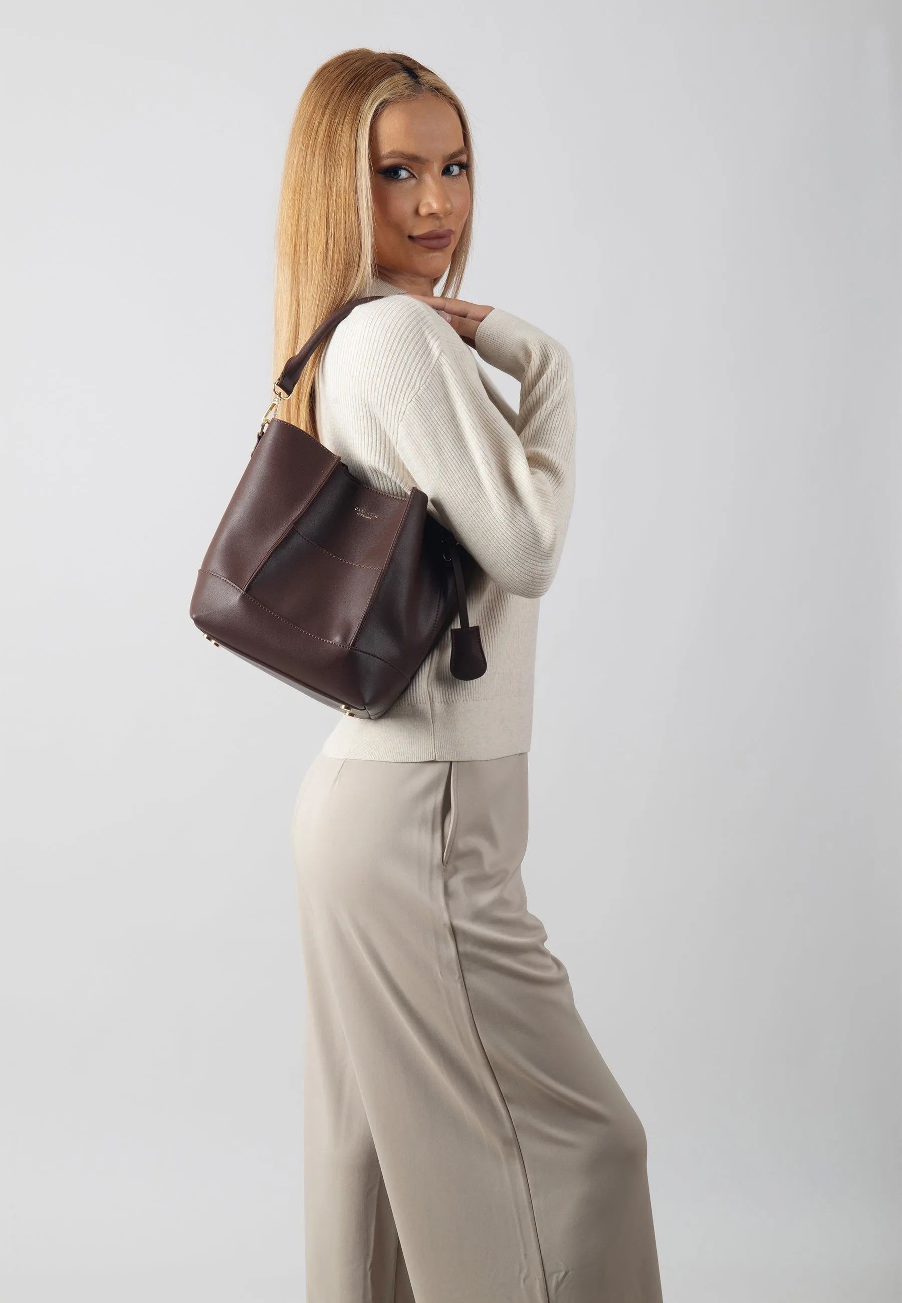Velvet Genuine Leather Handbag (Brown)