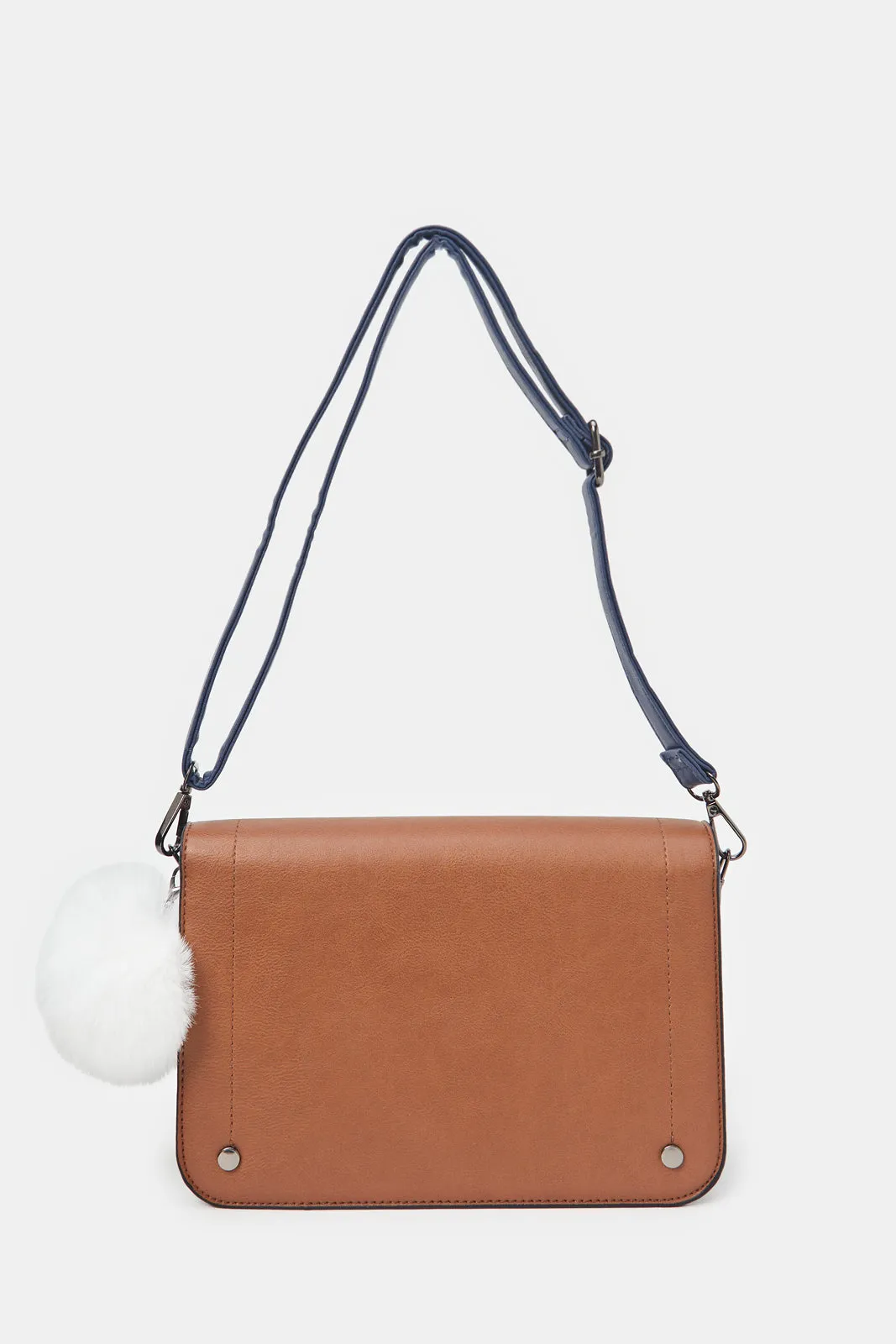 Women Tan Cross Body Bag With Pom Pom