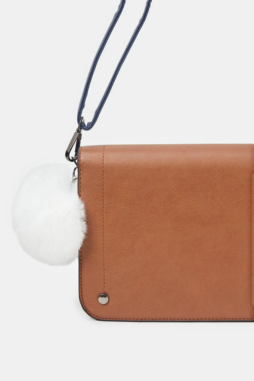 Women Tan Cross Body Bag With Pom Pom