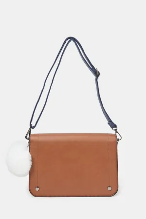 Women Tan Cross Body Bag With Pom Pom